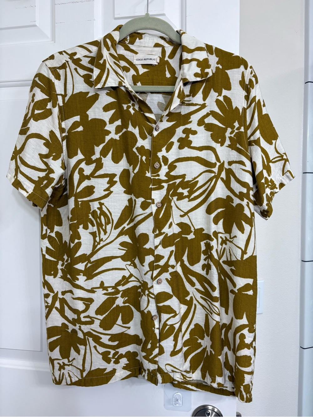 Coco Reef Olive and White Floral Short Sleeve Button-Down Shirt